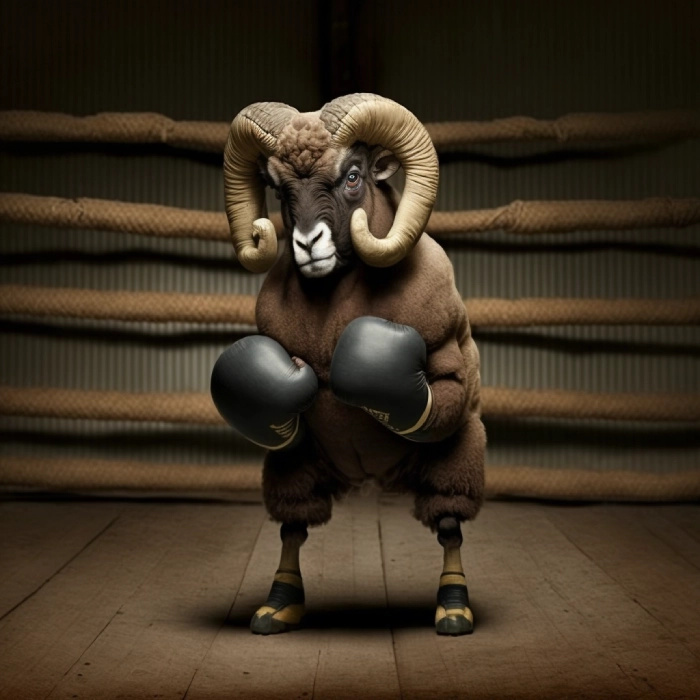 A Ram with boxing gloves in a boxing ring